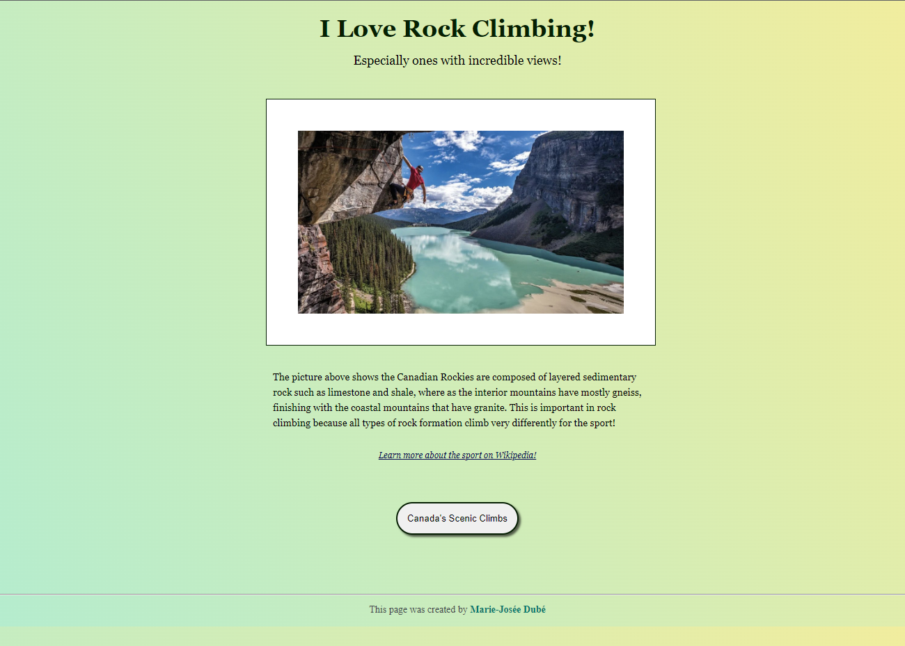 screenshot of a website with CSS and HTML about rock climbing.