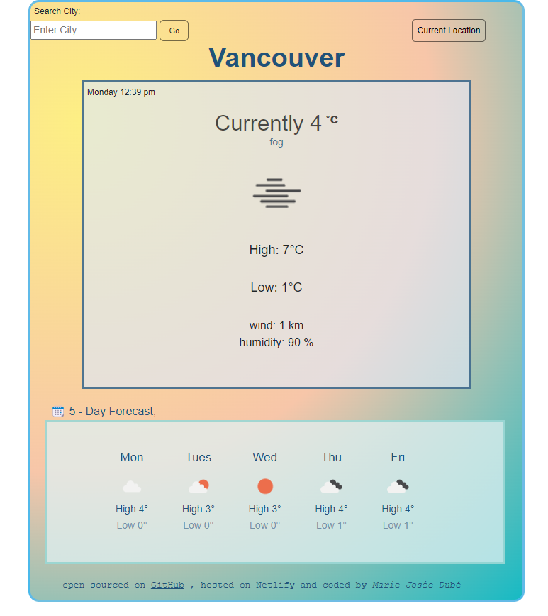 screenshot of an app that uses live data to bring you weather from a city of your choice using CSS, HTML and JavaScript.